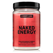 NAKED Cherry Lime Energy tub label highlights a clean vegan formula.