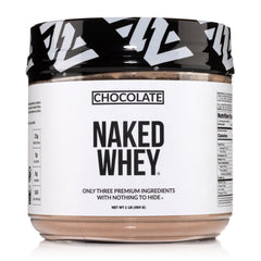 NAKED Chocolate Whey 1LB packaging shows a clean three-ingredient protein formula for shakes