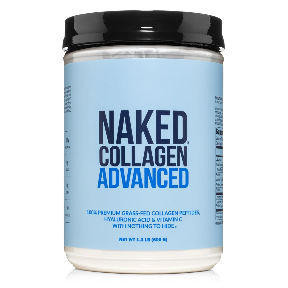 NAKED Collagen Advanced tub front label highlighting grass-fed sourcing for high-quality collagen.