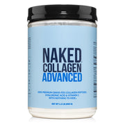 NAKED Collagen Advanced tub front label highlighting grass-fed sourcing for high-quality collagen.