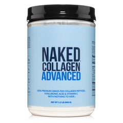 NAKED Collagen Advanced tub front label highlighting grass-fed sourcing for high-quality collagen.