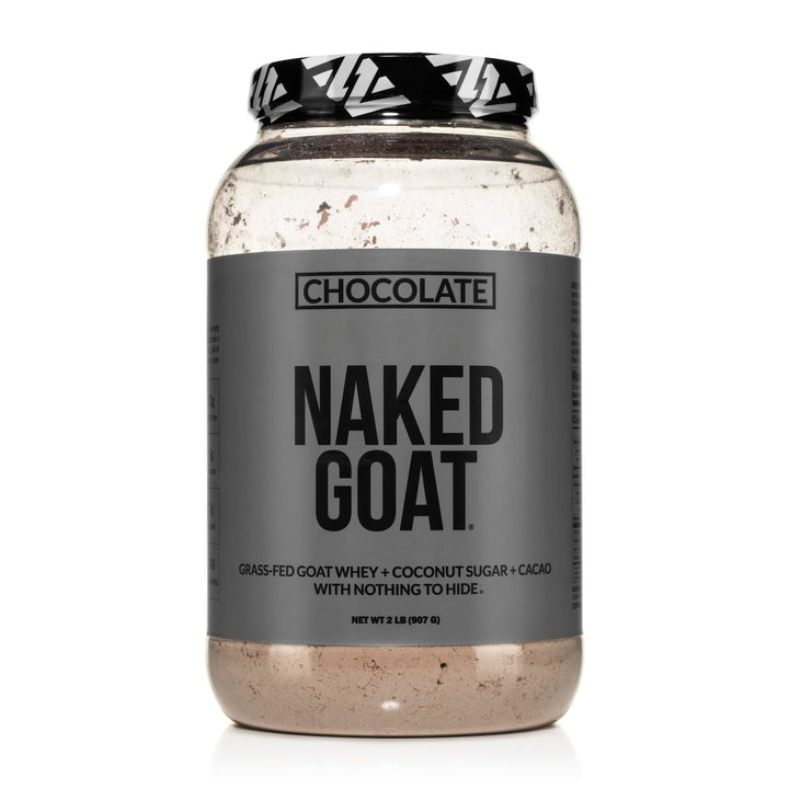 NAKED Goat Chocolate Protein Powder tub front showcasing a clean 3-ingredient formula for post-workout shakes