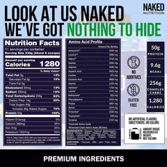NAKED Mass ingredients close-up, highlighting cacao and tapioca for clean carbs.