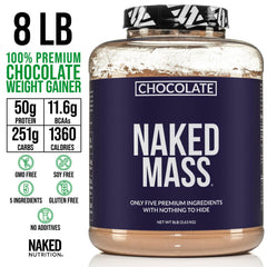 NAKED Mass Gainer chocolate scoop with five-ingredient formula