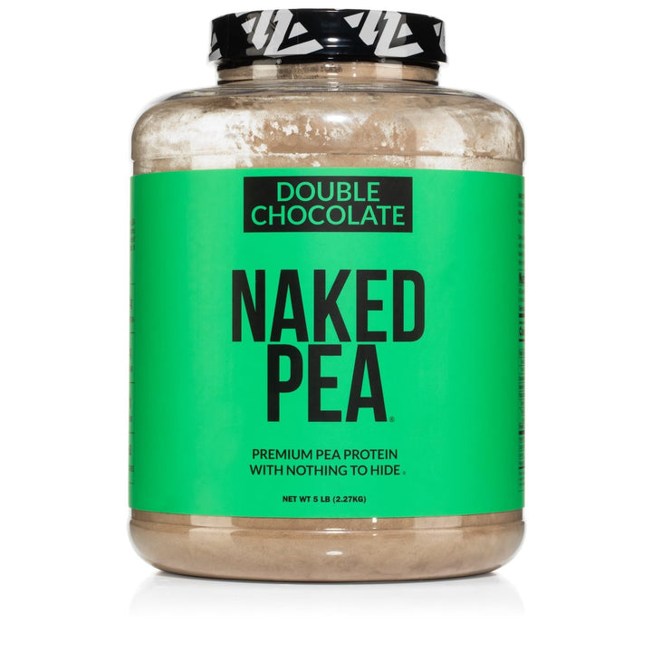Naked Pea double chocolate protein powder bottle for a rich shake.