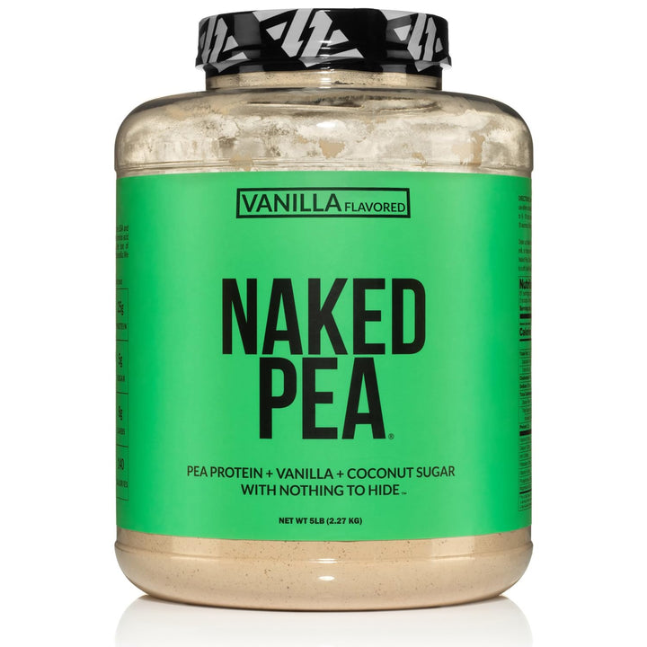 NAKED Pea Vanilla Protein close-up shows three clean ingredients for pure nutrition