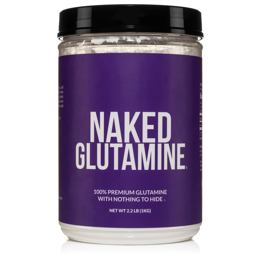 NAKED Pure L-Glutamine bottle demonstrates post-workout recovery support.