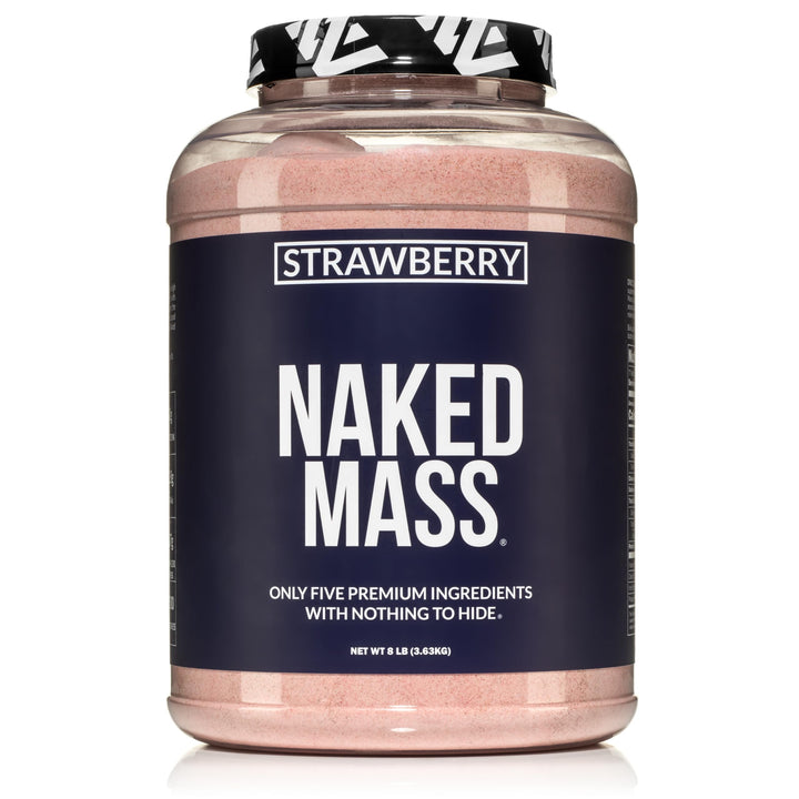 NAKED Strawberry Mass bottle shows convenient calorie-dense nutrition for weight gain support.