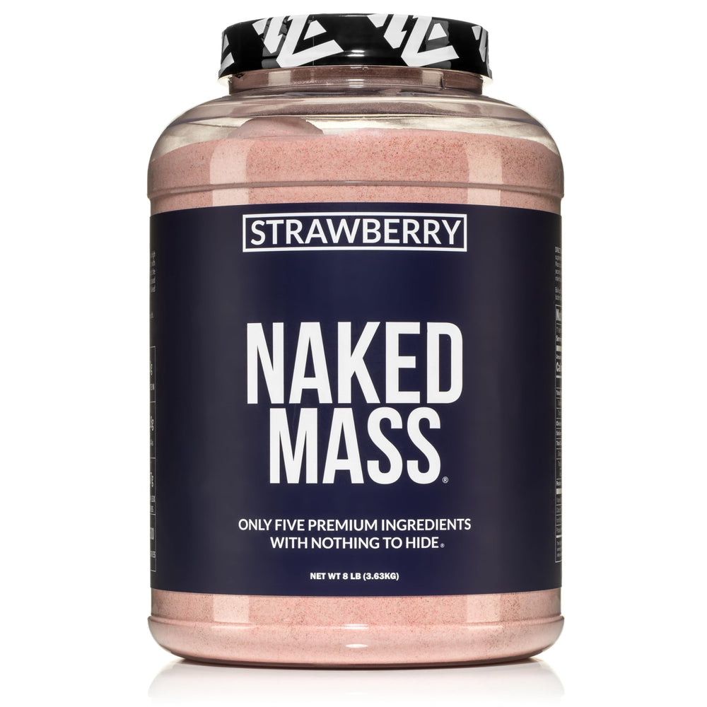 NAKED Strawberry Mass bottle shows convenient calorie-dense nutrition for weight gain support.