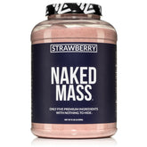 NAKED Strawberry Mass bottle shows convenient calorie-dense nutrition for weight gain support.