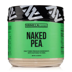 NAKED Vanilla Pea Protein ingredients label shows three clean components for simple nutrition.