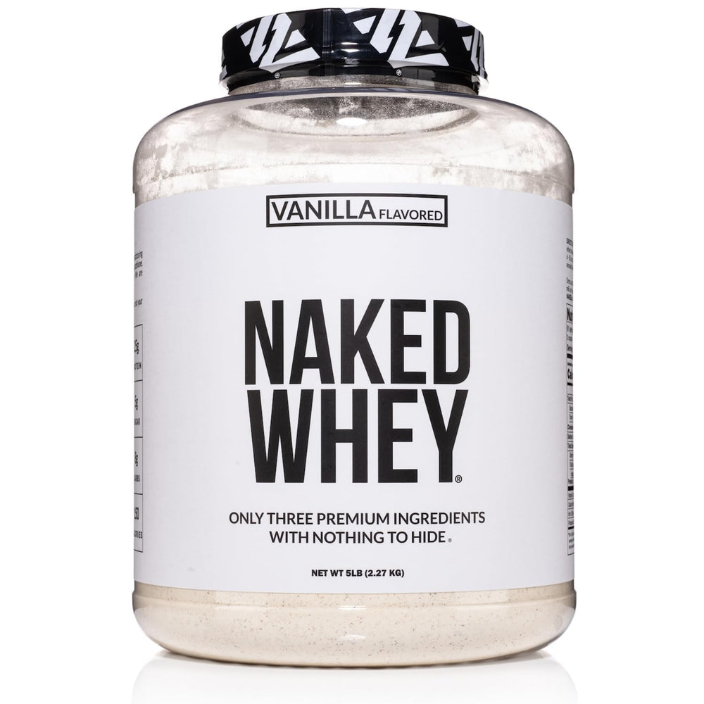 NAKED Vanilla Whey Powder tub showing clean ingredients for shakes