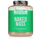 NAKED Vegan Mass chocolate peanut butter tub with clean ingredients display