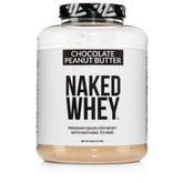 NAKED Whey Chocolate Peanut Butter powder in a scoop, ideal for shakes.