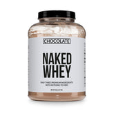 NAKED Whey Chocolate tub front highlighting clean ingredients for gym-goers seeking pure protein.