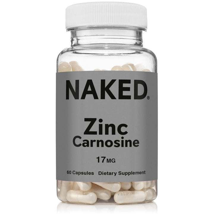 NAKED Zinc Carnosine bottle front, vegan and gluten-free gut support.