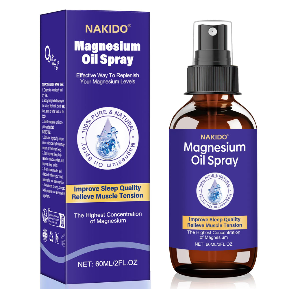 Nakido magnesium spray bottle for easy application and relaxation.