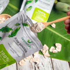 Namwah Green Banana Powder packaging highlighting organic quality and potassium content.
