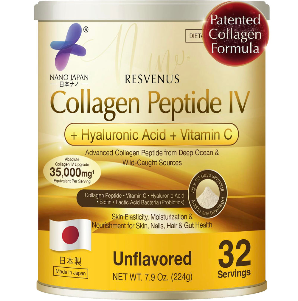 Nano Japan hyaluron-marine-collagen powder tub highlighting hydration and elasticity potential.