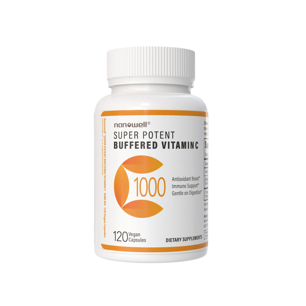 NANOWELL Super Potent Buffered Vitamin C 1000 mg bottle shown for immune support.