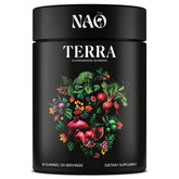 NAO Terra Supergreens bottle shows a vegan gummy for daily wellness.