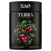 NAO Terra Supergreens bottle shows a vegan gummy for daily wellness.