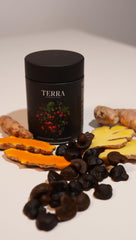 NAO Terra Supergreens spirulina-chlorella blend image emphasizes greens for nutrient support.