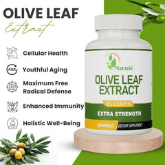 Naravis Olive Leaf Extract label close-up indicates 50% oleuropein potency