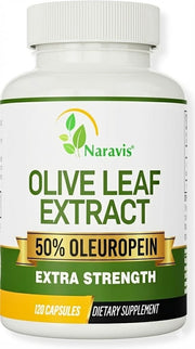 Naravis Olive Leaf Extract bottle front highlighting high-potency 50% oleuropein for immune support