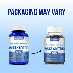 Close-up of NasaBeahava Astaxanthin capsules showing softgel form.