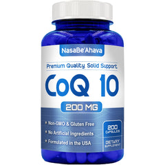 NasaBeahava CoQ10 bottle front view highlighting 200 mg capsules for daily energy support