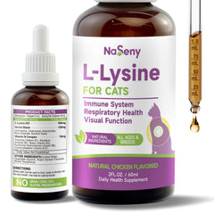 NaSeny L-Lysine for cats bottle highlights immune support for pets.