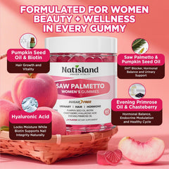NATISLAND Saw Palmetto packaging highlights vegan, sugar-free formula with pumpkin seed oil.