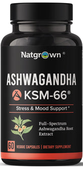 Natgrown Ashwagandha KSM66 bottle front signaling organic stress and mood support.