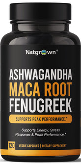 Natgrown Ashwagandha Maca Fenugreek capsules bottle showing a high-potency blend for daily vitality