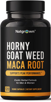 Natgrown Horny Goat Weed Maca capsules bottle for daily vitality.