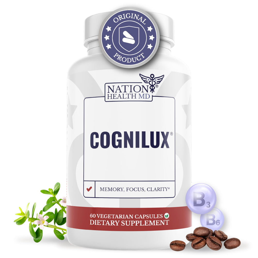 Nation Health MD Cognilux bottle front showing daily brain support.
