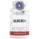 Nation Health MD Gluco24 bottle label with cinnamon-infused formula for steady energy