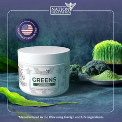 Nation Health MD Greens powder and scoop for quick daily nutrition