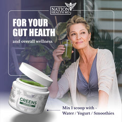 Nation Health MD Greens featuring spirulina and chlorella blend for antioxidant support