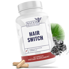 NATION HEALTH MD Hair Switch bottle front with capsules for daily hair nourishment.