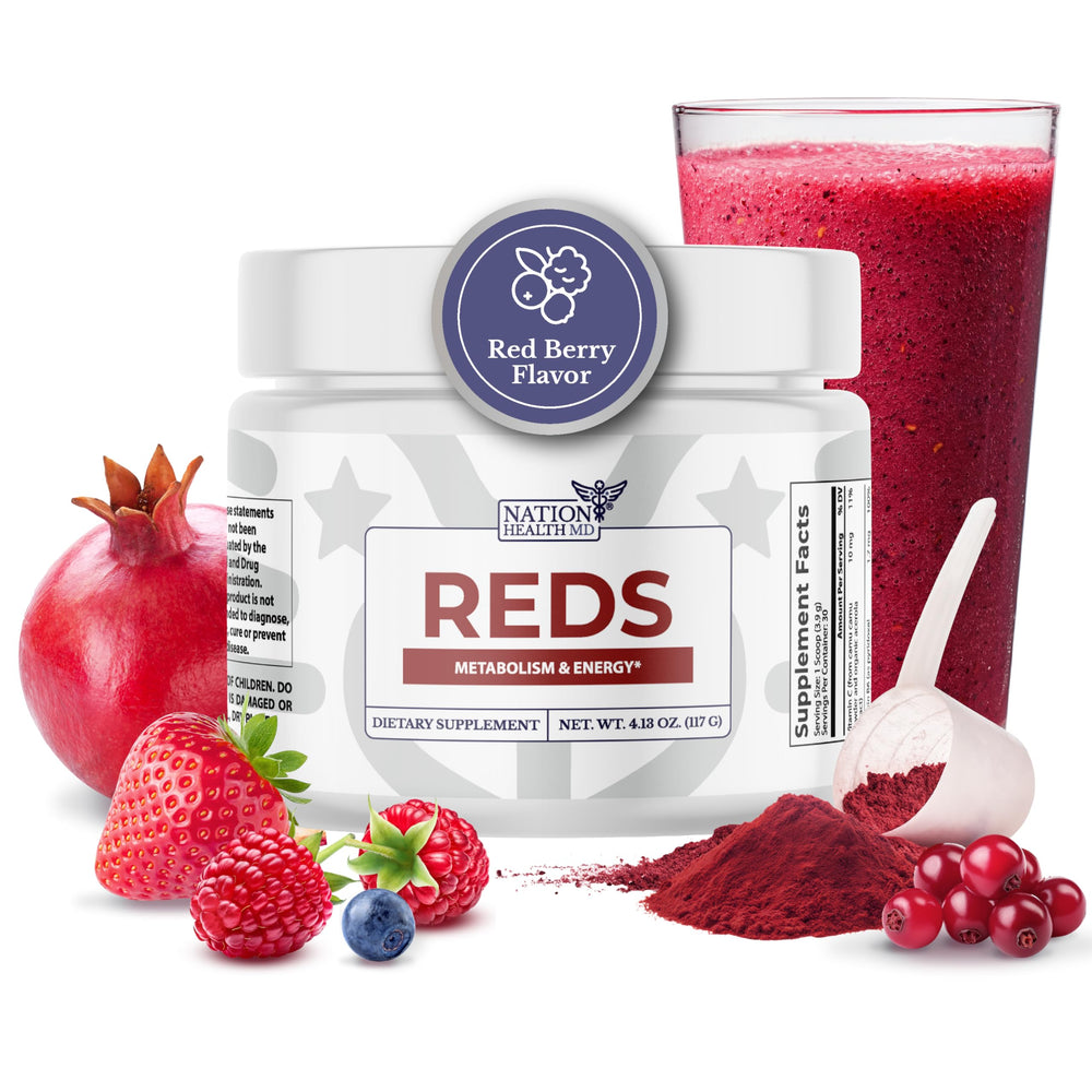 Nation Health MD Reds bottle with scoop on counter for daily nutrition.