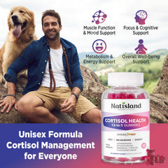 NATISLAND cortisol bottle label shows gluten-free and dairy-free claims.