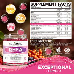 Natisland DHEA bottle label shows dosage and ingredients.