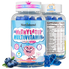 NATISLAND Kids Methylated Multivitamin bottle on shelf supports daily growth and immune balance.