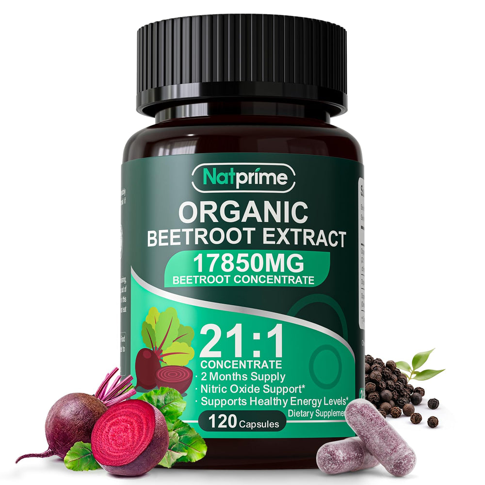 Natprime Beet Root Capsules bottle showcases 21:1 concentrate for natural energy support.