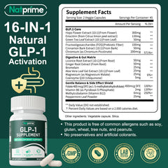 Natprime GLP-1 supplement bottle back with ingredients and daily usage guidance