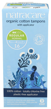 Natracare regular tampon pack front view with cardboard applicator, eco-friendly design.