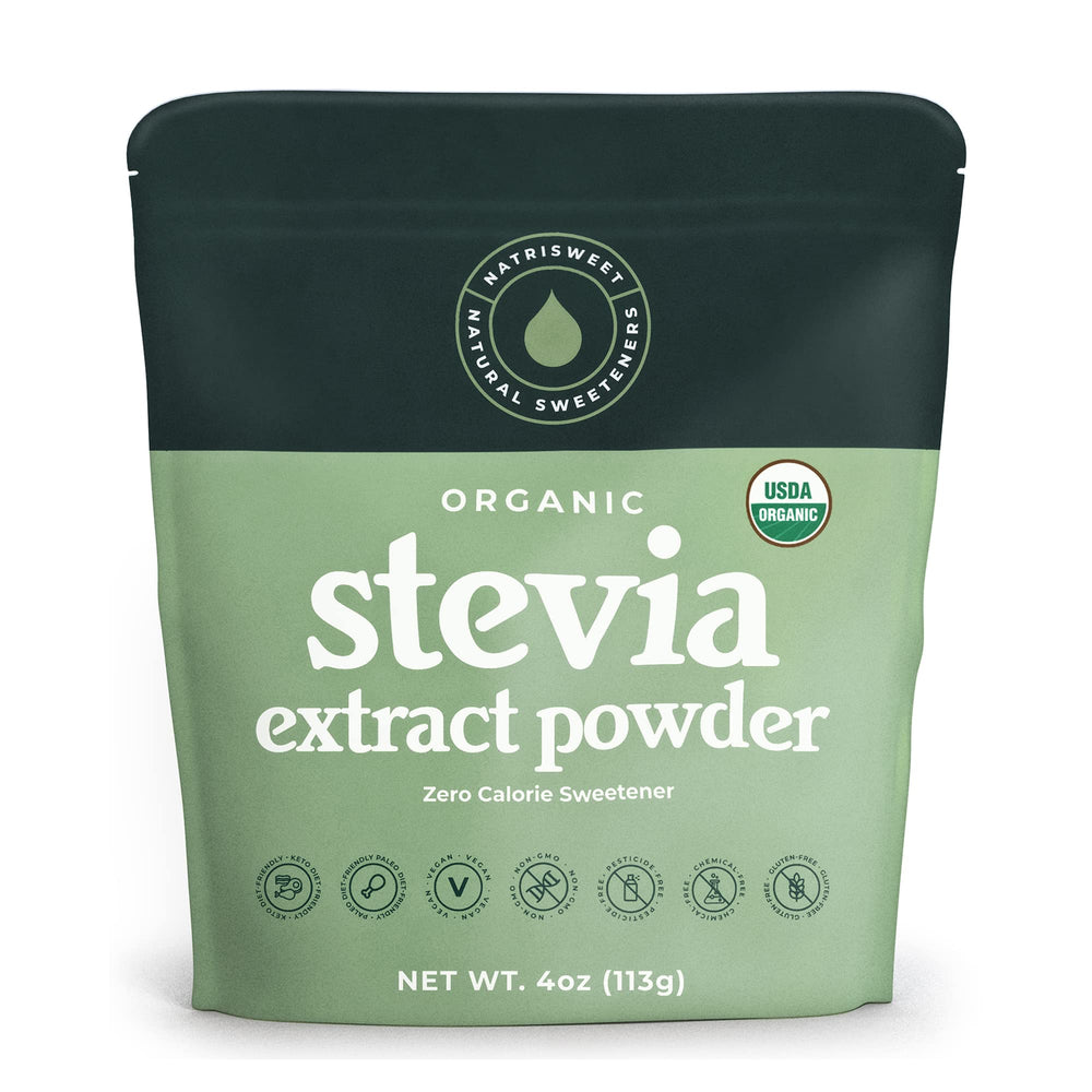 NatriSweet Stevia Powder bottle highlights zero calories for a healthier sweetness option.