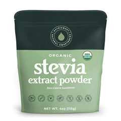 NatriSweet Stevia Powder bottle highlights zero calories for a healthier sweetness option.